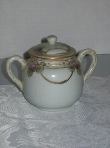 PORCELAIN SUGAR BOWL NORITAKE PURPLE VIOLETS W GOLD ACCENTS - Picture 1 of 3