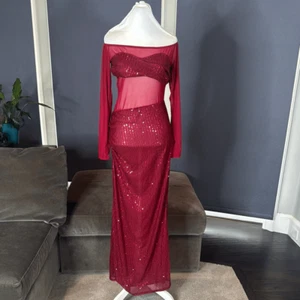 Vestido de fiesta para mujer rojo con hombros descubiertos transparente y lentejuelas ceñido al cuerpo talla S nuevo sin etiquetas - Imagen 1 de 10