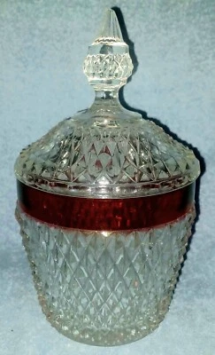 Vintage INDIANA GLASS Compote Diamond Point Ruby Flash 10"H  Ice Bucket w/ Lid  - Image 1 of 4