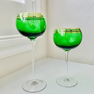 Set Of 2 Rogaska Green w/Gold Rim Crystal Balloon Candle Long Stemmed Holders - Picture 1 of 8