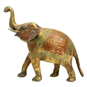 Vintage handbemalte Messing Elefant Statue Figur Rüssel bis 5,5 "L x 5"H Indien? - Bild 1 von 6