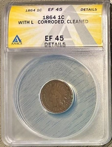 1864 Indian Head Cent, With L on Ribbon, ANACS EF-45 Details, Huge Die Rotation! - Picture 1 of 2