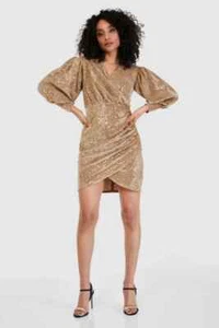 Closet London Gold Sequin Puff Sleeve Dress Size UK 14 BNWT RRP £105 - Picture 1 of 18