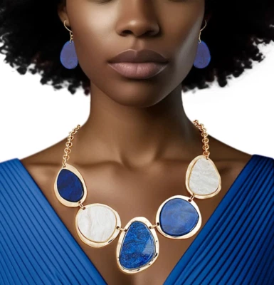 Juego de collar vintage jaspeado azul blanco acrílico superpuesto chapado en oro SGRHO para mujer Foto 1 de 4