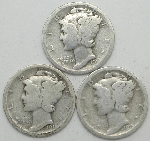 1918-P-D-S Winged Liberty Mercury Silver dime mint year set of 3 coins Cover