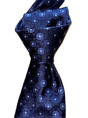 $295 NWT BRIONI Navy Blue Sky Florals men's 3.5" Heavy woven silk neck tie ITALY - Image 1 of 4