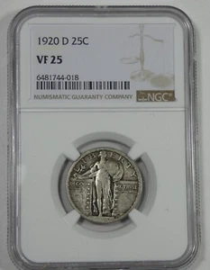 Cuarto de dólar Standing Liberty 1920-D certificado NGC VF 25 plata 25c - Imagen 1 de 4