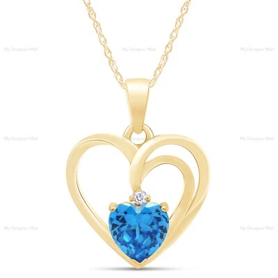 Luminous Heart Pendant Necklace adorned Simulated Aquamarine in 14K Gold Plated - Image 1 of 4