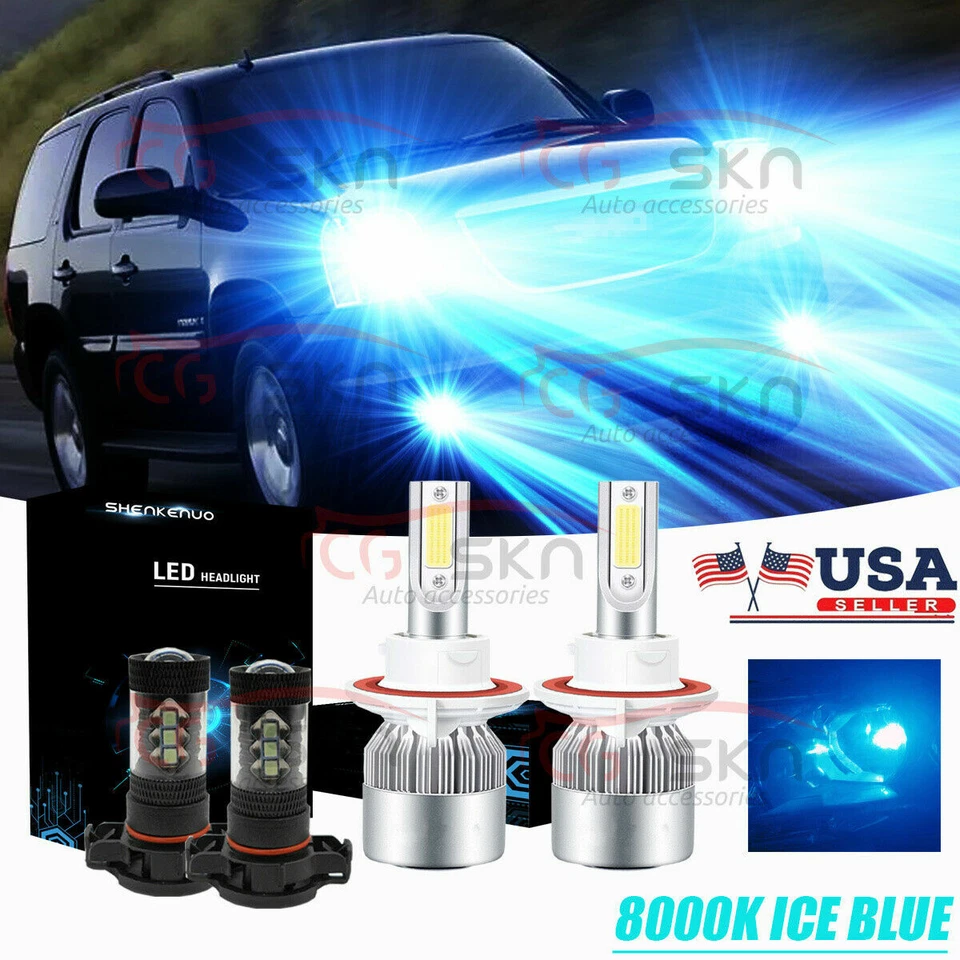 For GMC Yukon XL 1500 2007-14 4PC 8000K LED Headlights+Fog Bulbs Kit Plug&Play - Image 1 of 4