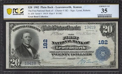First National Bank Leavenworth Kansas 1902 $20 graduación profesional 35 Fr.650 CH#182 Foto 1 de 3