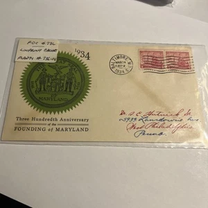 1934 US COVER FOUNDING MARYLAND 300TH ANNIVERSARY - FIRST DAY ISSUE - 2 STAMPS - Picture 1 of 4