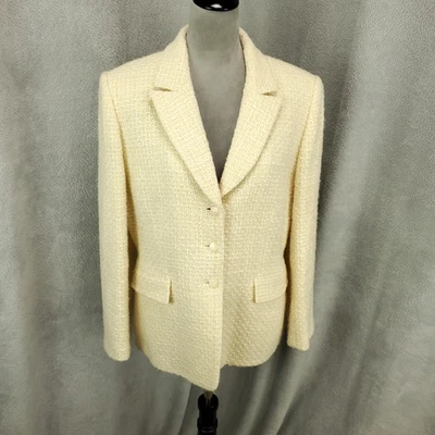 Tahari Blazer Jacket Womens Petite 16P Ivory Wool Blend Textured Faux Pockets - Image 1 of 4