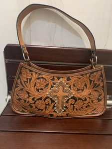 New Montana Silversmith Leather Tooled Studded Cross 14x8x4 Handbag Brown - Picture 1 of 10
