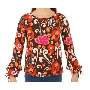 Mary-Kate and Ashley Floral Top Ruffle Sleeve Brown Orange Pink Girls Size 10/12 - Picture 1 of 12