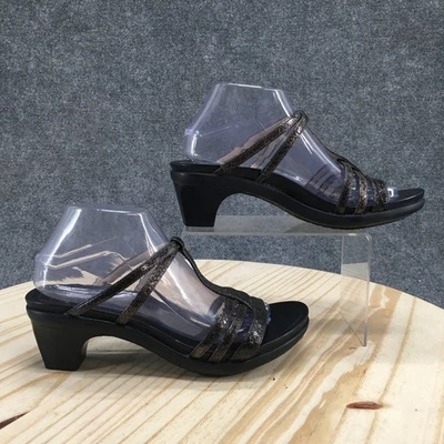 Abeo Sandals Womens 9 Ginnette T Strap Slides Black Brown Open Toe Heels Slip On - Image 1 of 4