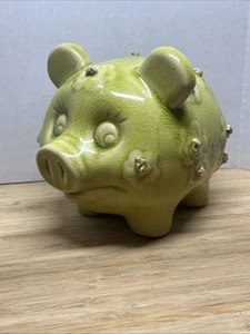 Vintage Celery Green Pottery Pig Piggy Bank 6.5” - Picture 1 of 8