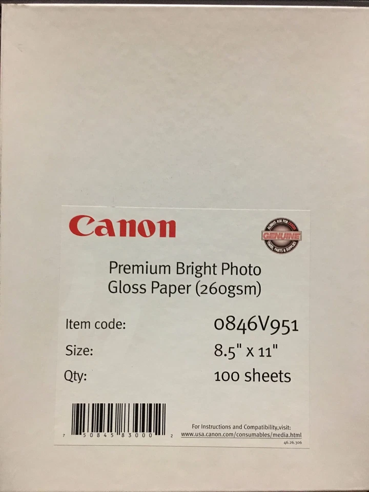 Canon 260 gsm Gloss Digital Inkjet Paper 8.5"x11" 100 Sheets 0846V951 — 第 1/1 张图片