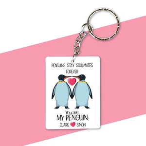 Valentine Penguin Couple Personalised Name Keyring / Keychain Gift Idea - Picture 1 of 2