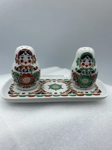 Vintage Russian Nesting Doll Salt Pepper Shaker Set w/ Tray Missing Mustard Dish - Picture 1 of 11