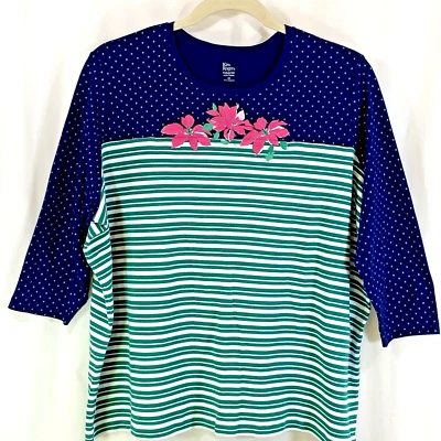 Kim Rogers Top Womens 4X Blue Dot Green Striped 3/4 Sleeve Perfectly Soft Floral - Изображение 1 из 4