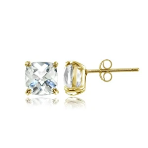 Yellow Gold Flashed Sterling Silver 5mm Cushion-Cut White Topaz Stud Earrings - Picture 1 of 4