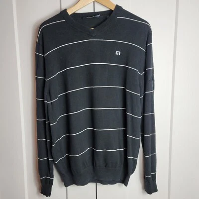 TRAVIS MATHEW WIDE Striped  Cotton Sweater Black L Green Cast LOGO - Image 1 of 4