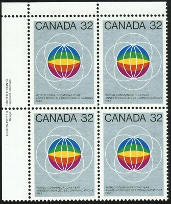 Canada sc#976 U.N. World Communications Year: Globes, UL Imprint Block, Mint-NH - Image 1 of 4