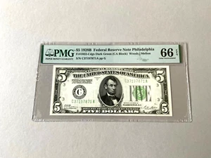 U.S. $5 FR 1952-Cdgs Dk Grn (CA Blk) 1928B Fed Resv Note Philadelphia PMG 66 EPQ - Picture 1 of 4