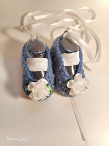 Baby Socks Shoes 0-6 Months Handmade Crochet Blinged Ballerina Style Blue  Ooak