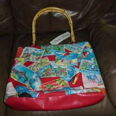 Diane Gilman Red Purse/Tote Bamboo Handles Travel Beach Florida Hawaii Paris NWT - Image 1 of 4