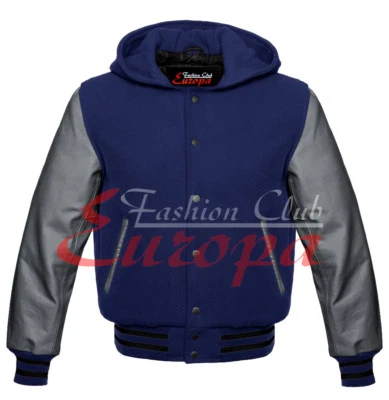 Sudadera con Capucha Unisex Gris Real Mangas de Cuero Letterman College Lana Universitaria XS-7XL Foto 1 de 4