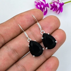 Black Spinel Teardrop Gemstone Earrings 925 Sterling Silver Handmade Jewelry - Picture 1 of 4