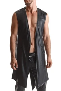 Mens Black Wetlook Sleeveless Midi Coat - Picture 1 of 10