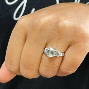 14k solid white gold emerald, baguettes princess moissanite engagement ring 2.75 - Picture 1 of 10