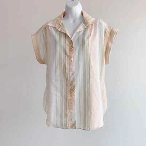 Vintage Pinstripe Pastel Button Down Short Sleeve Shirt Medium Large - Picture 1 of 4
