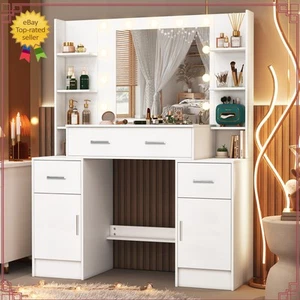Vanity Dressing Table with LED Lighted Makeup Mirror and 3 Drawers 6 Shelves - Picture 1 of 8