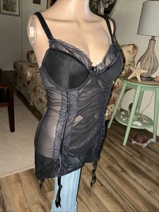 Neu mit Etikett $ 58 Felina 36C schwarz bestickt Spitze Bustier mit Strumpfband & Schleifen - Bild 1 von 12