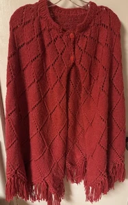 Vintage 1960-1970’s Red Hand Knit One Of A Kind Caplete With Fringe - Picture 1 of 16