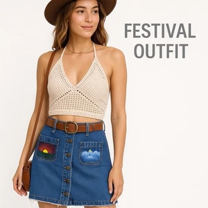 Hand Painted Denim Skirt 4P Loft Boho Festival Art Jean Skirt Button Front - Picture 1 of 7