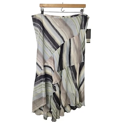 VTG Gray Silk Midi Skirt Asymmetrical Ruffle Hem Striped Grunge Y2K Size 16 - Image 1 of 4