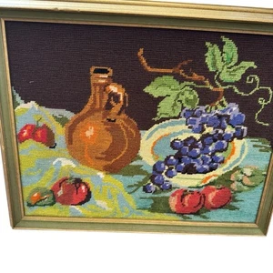 Vintage Hand Stitched Needlepoint Still Life 16”x12.5” Framed Folk Art Home Made - Picture 1 of 17