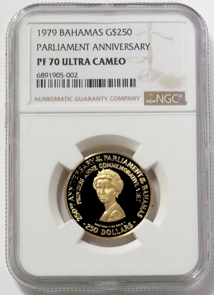 1979 GOLD BAHAMAS $250 PRINCESS ANNE COIN NGC PROOF 70 UC ONLY 1,835 MINTED - Image 1 of 2