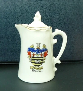 GEMMA Crested China - Miniature COVERED COFFEE POT / JUG - Crested for BLACKPOOL - Picture 1 of 3