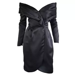 vtg 80s MODA INTERNATIONAL off the shoulder cold satin wrap cocktail dress - Picture 1 of 7