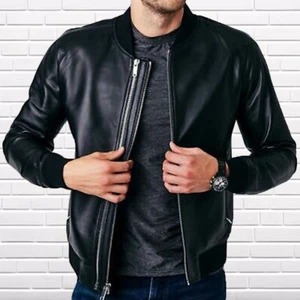 Men's Genuine Black Lambskin Leather Jacket Biker Soft Stylish Bomber Jacket - Picture 1 of 4