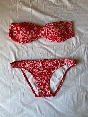Conjunto de bikini vintage Roxy Y2K rojo floral parte superior cobertura completa inferior M Foto 1 de 4