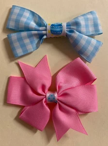 2 Easter Hair Bows w Clips Grosgrain Ribbon Pinwheel Pink / Bow Blue/White - Picture 1 of 4