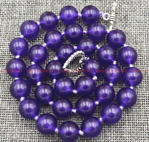 Natural 12mm Purple Jade Round Gemstone Beads Necklace 18'' Tibetan Silver