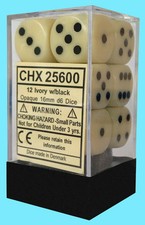 Chessex Opaque Ivory With Black 16mm (standard Size) 12 Dice Set CHX25600