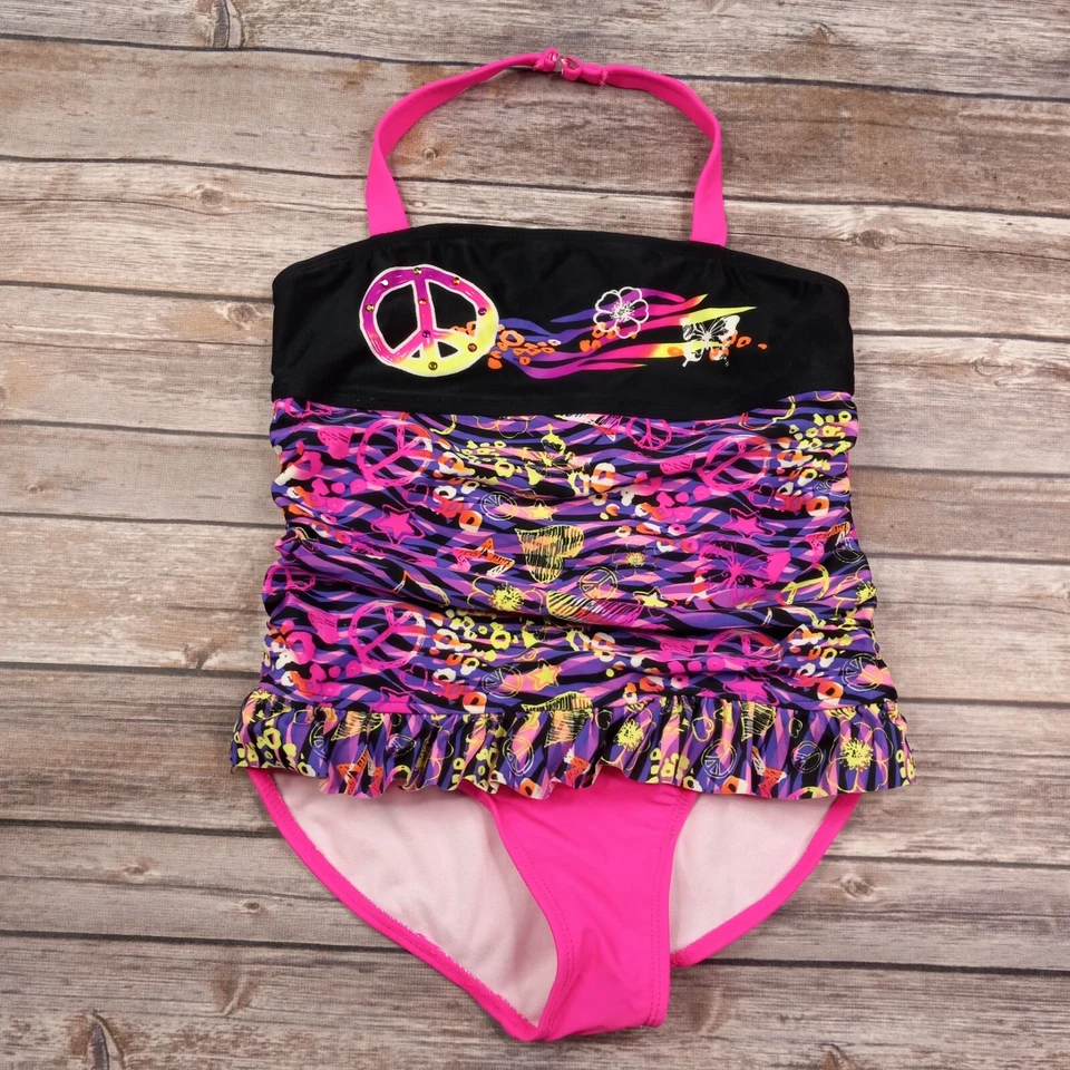 OP Ocean Pacific Girls Large 10 - 12 One Piece Swimsuit Peace Signs Hearts Pink  - Image 1 of 4
